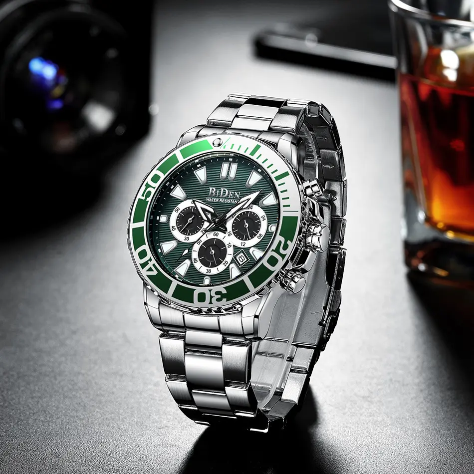 Fashion Men Casual Watches Silver White Stainless Steel Calendar Sport Military Male's Watch Blue Glass BIDEN Brand Clock