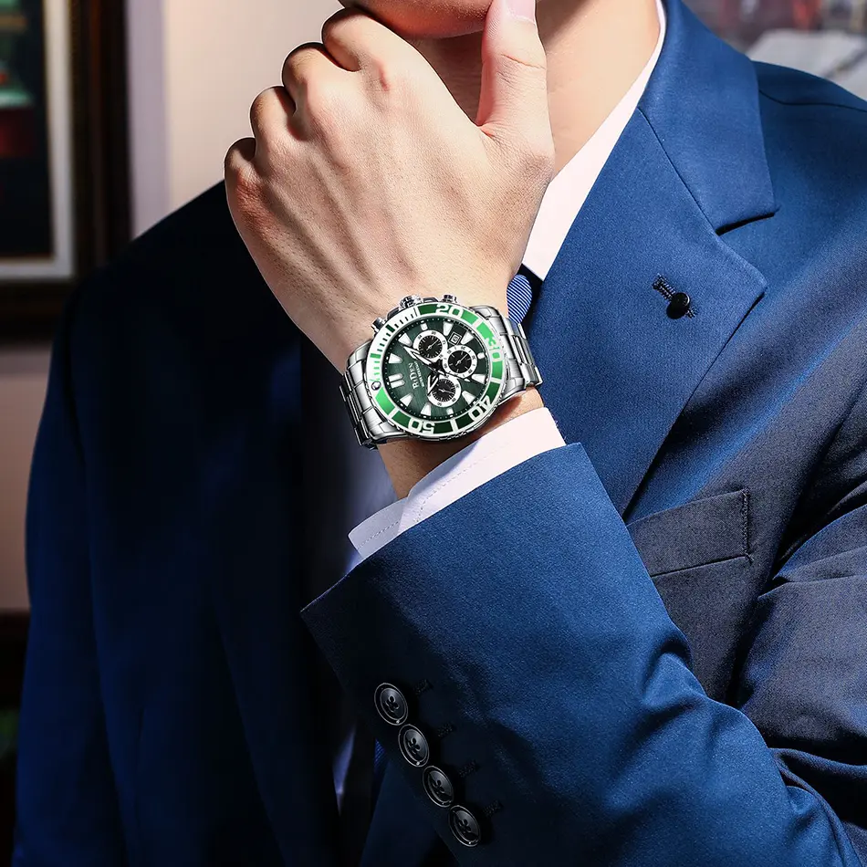 Fashion Men Casual Watches Silver White Stainless Steel Calendar Sport Military Male's Watch Blue Glass BIDEN Brand Clock