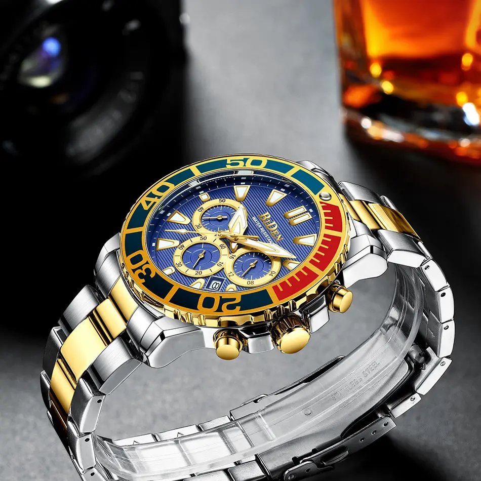 Fashion Men Casual Watches Silver White Stainless Steel Calendar Sport Military Male's Watch Blue Glass BIDEN Brand Clock