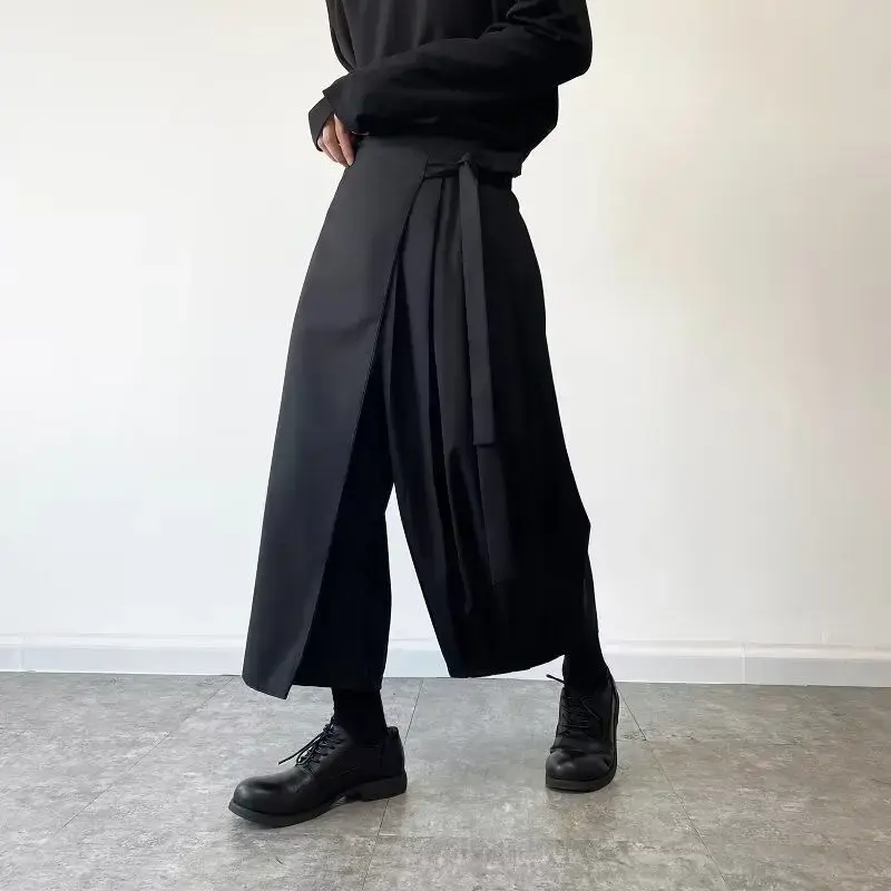 Unique Wide-Leg Draped Skirt Pants for Men Harajuku YY Designer Samurai Hakama Pants Unisex Streetwear Casual Party Clothing