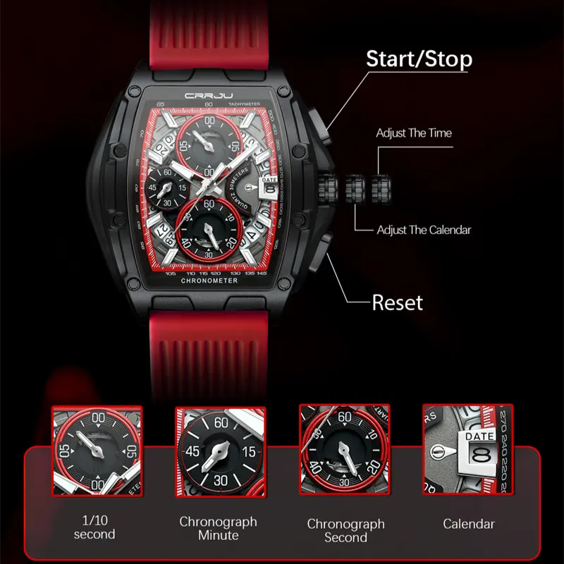 Fashion Chronograph Sport Watch for Men Square Big Dial Silicone Strap Waterproof Luminous Casual Men's Watch Outdoor Gift Idea