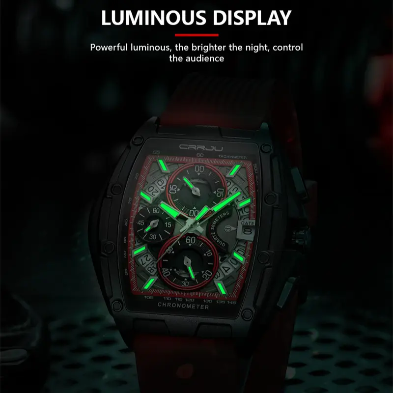 Fashion Chronograph Sport Watch for Men Square Big Dial Silicone Strap Waterproof Luminous Casual Men's Watch Outdoor Gift Idea