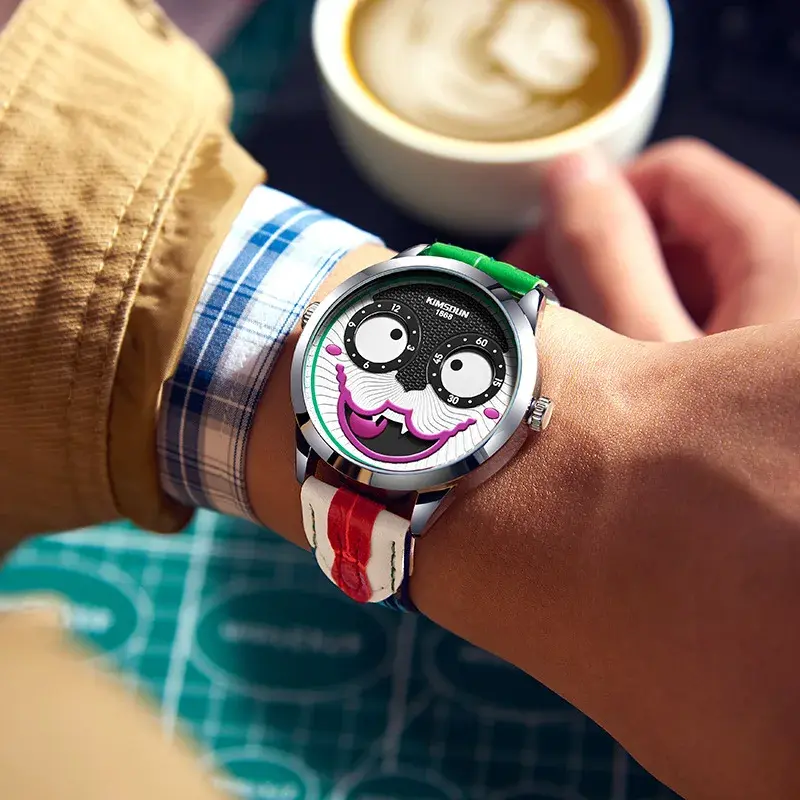 Unique Casual Men's Watches Creative Joker Face Design Leather Strap Waterproof 3Bar Luxury Women Mens Quartz Watches Gifts