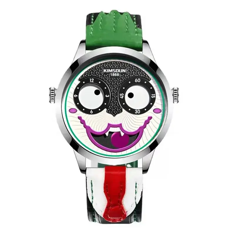 Unique Casual Men's Watches Creative Joker Face Design Leather Strap Waterproof 3Bar Luxury Women Mens Quartz Watches Gifts