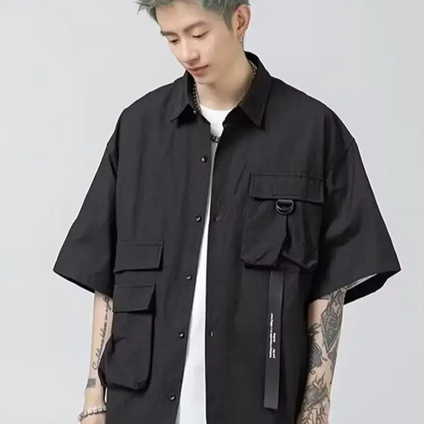 Janpan Fashion Harajuku Men's Shirts Black Y2k Streetwear Baggy Design Pockets Ribbons Stylish Shirts for Men Hip Hop Clothing