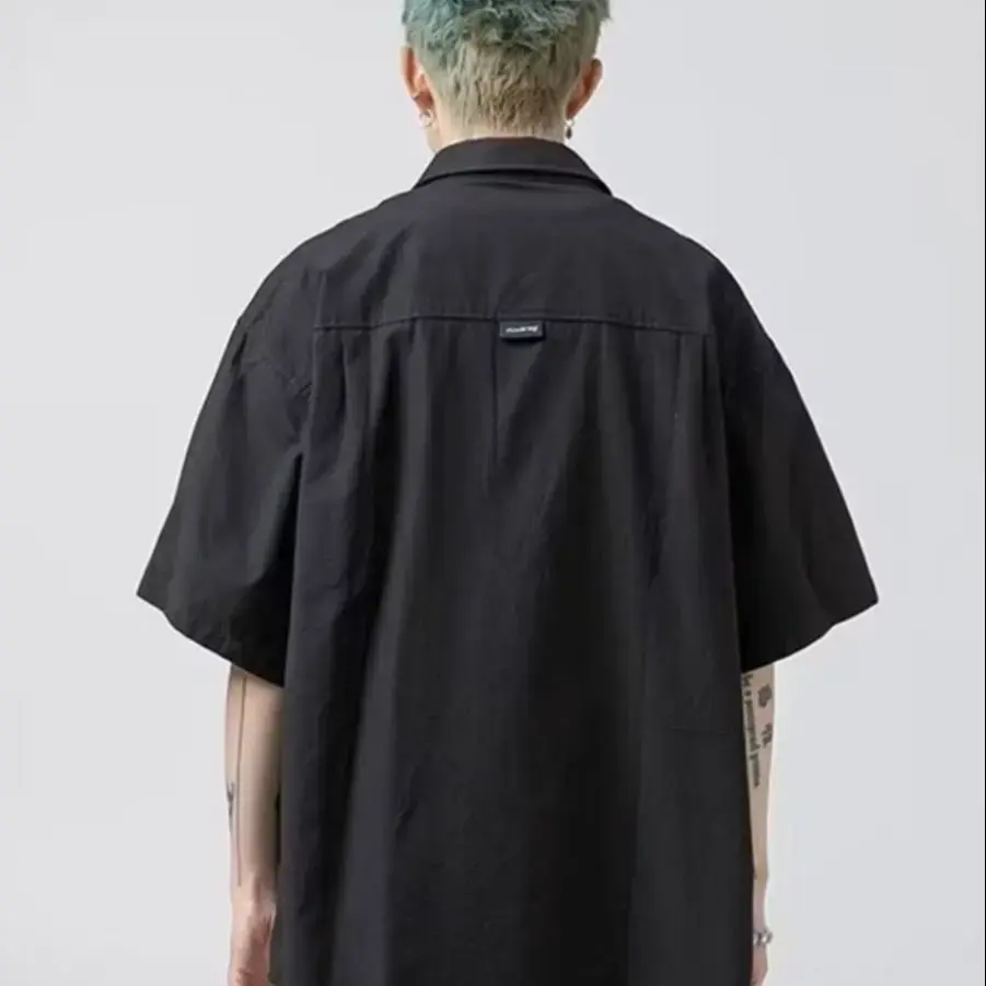 Janpan Fashion Harajuku Men's Shirts Black Y2k Streetwear Baggy Design Pockets Ribbons Stylish Shirts for Men Hip Hop Clothing