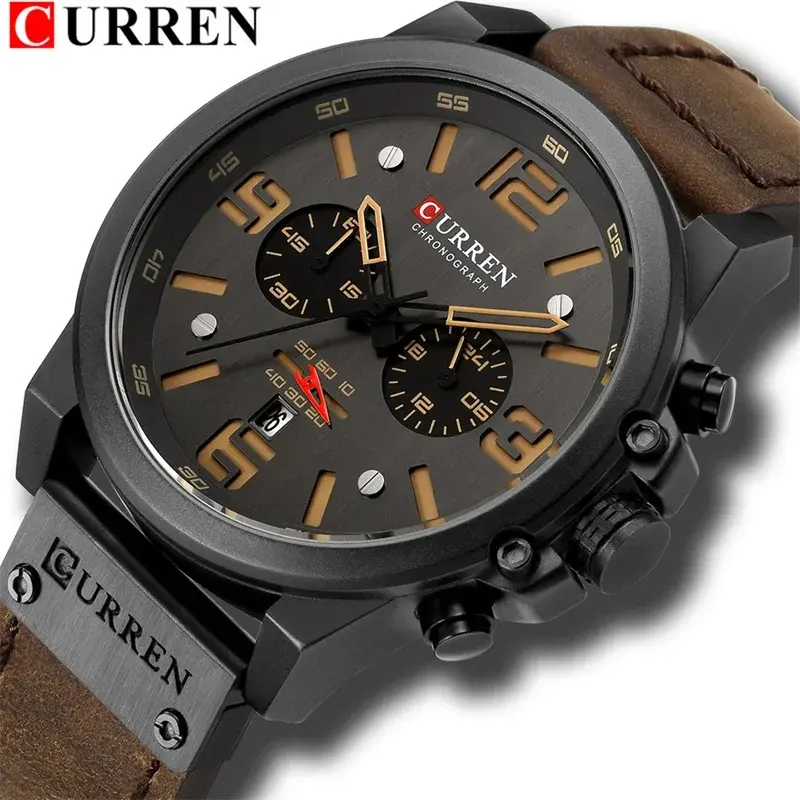 Leather Strap Sport Casual Men's Watches Chronograph Calendar Waterproof Quartz Wristwatch for Men Top Brand Luxury Gift Watch