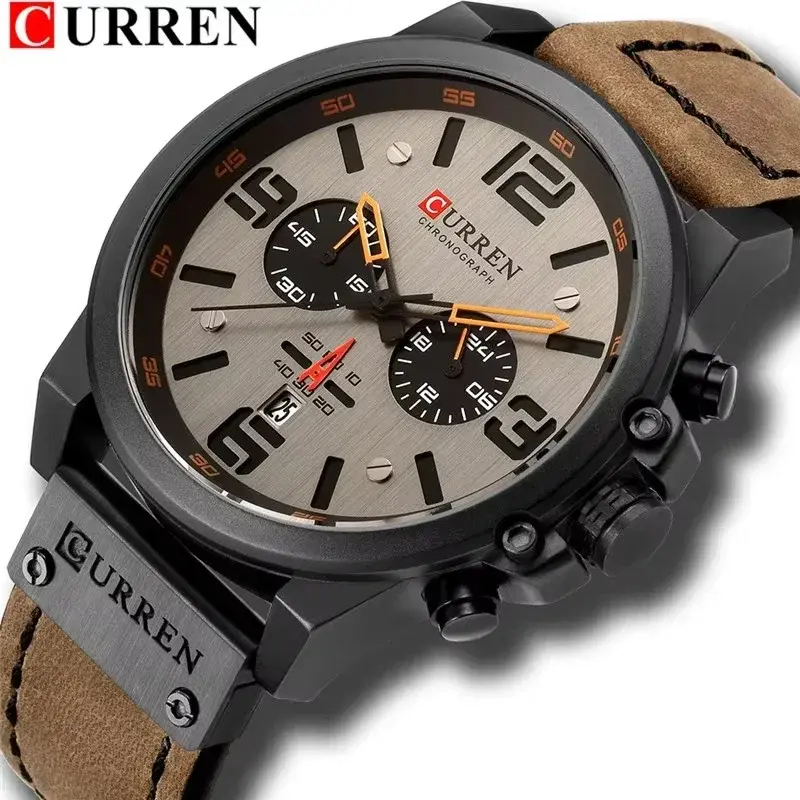 Leather Strap Sport Casual Men's Watches Chronograph Calendar Waterproof Quartz Wristwatch for Men Top Brand Luxury Gift Watch