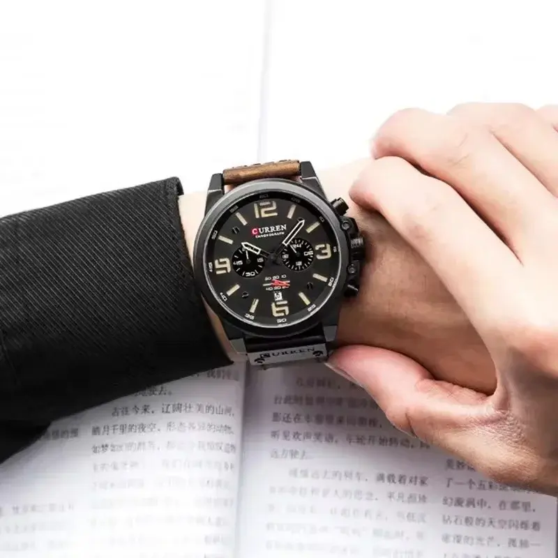 Leather Strap Sport Casual Men's Watches Chronograph Calendar Waterproof Quartz Wristwatch for Men Top Brand Luxury Gift Watch