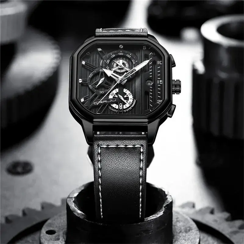 Square Design Big Dial Business Casual Men's Watches Genuine Leather Waterproof Quartz Wristwatch for Men Sport Military Hour