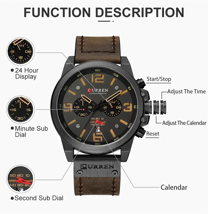 Leather Strap Sport Casual Men's Watches Chronograph Calendar Waterproof Quartz Wristwatch for Men Top Brand Luxury Gift Watch