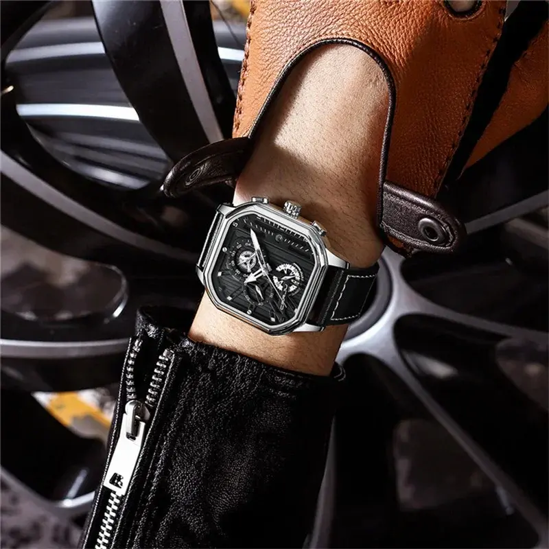 Square Design Big Dial Business Casual Men's Watches Genuine Leather Waterproof Quartz Wristwatch for Men Sport Military Hour