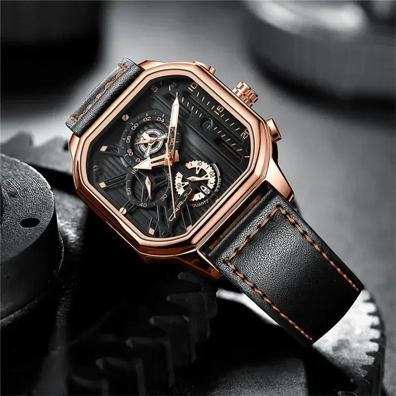 Square Design Big Dial Business Casual Men's Watches Genuine Leather Waterproof Quartz Wristwatch for Men Sport Military Hour