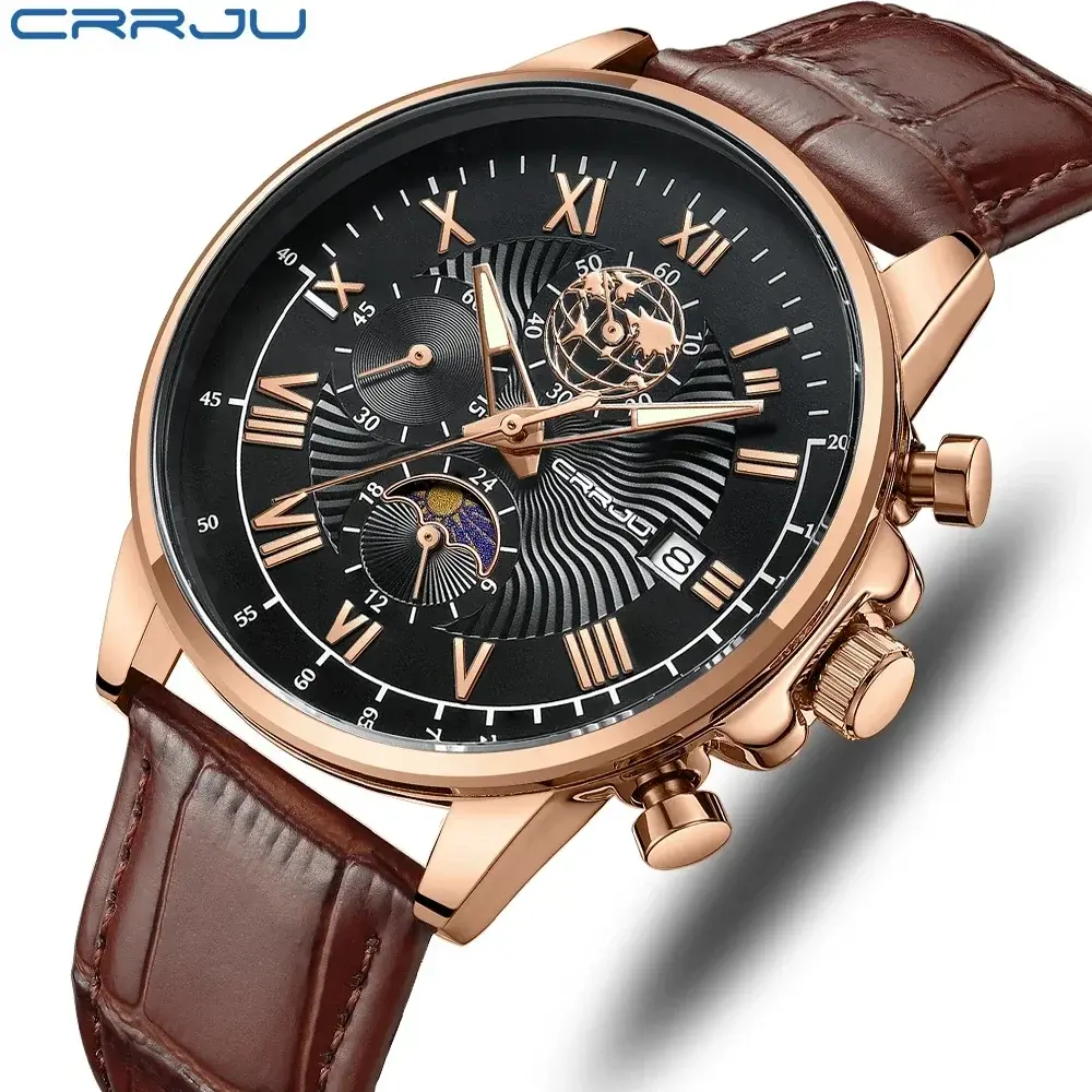 Business Men's Watches Rose Gold Big Dial Roman Numerals Casual Military Quartz Wristwatch for Man Leather Waterproof Male Clock