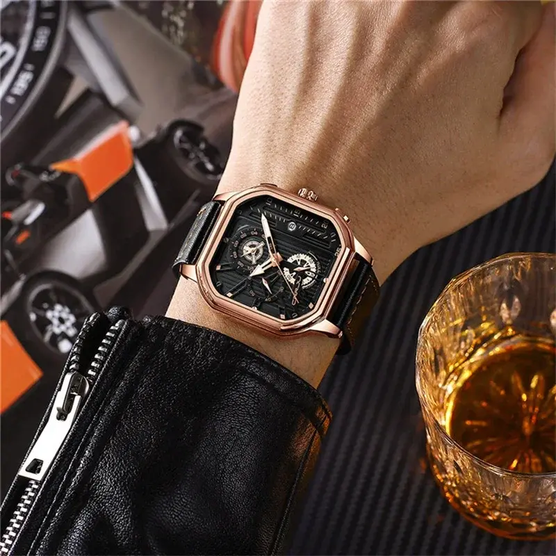 Square Design Big Dial Business Casual Men's Watches Genuine Leather Waterproof Quartz Wristwatch for Men Sport Military Hour