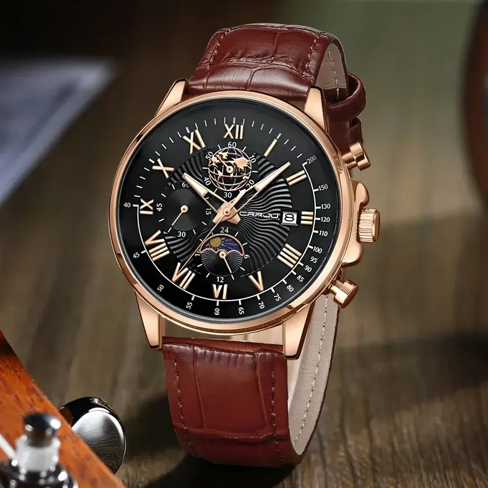 Business Men's Watches Rose Gold Big Dial Roman Numerals Casual Military Quartz Wristwatch for Man Leather Waterproof Male Clock