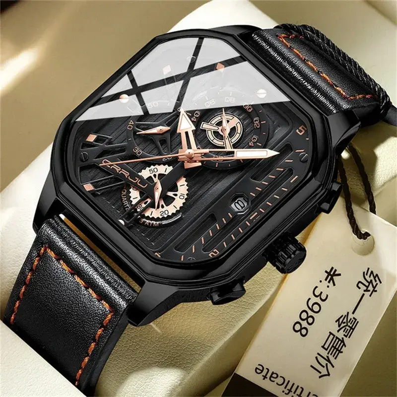 Square Design Big Dial Business Casual Men's Watches Genuine Leather Waterproof Quartz Wristwatch for Men Sport Military Hour