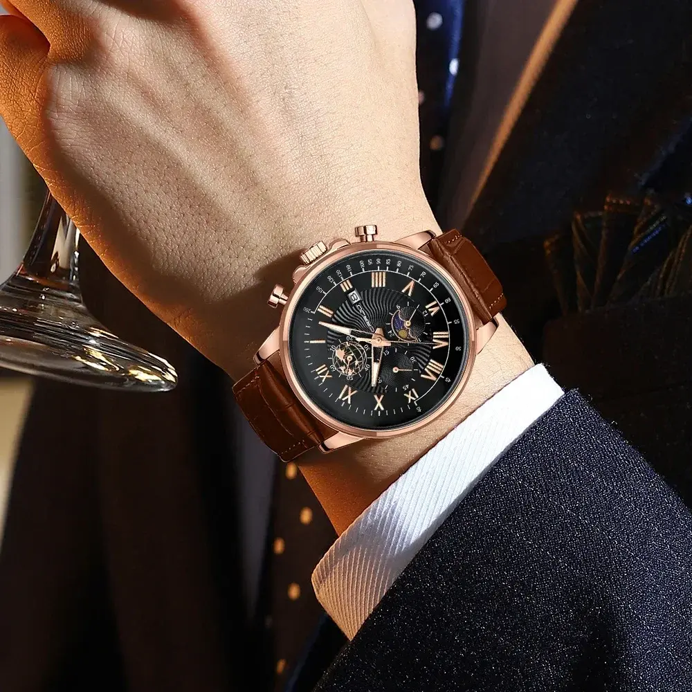 Business Men's Watches Rose Gold Big Dial Roman Numerals Casual Military Quartz Wristwatch for Man Leather Waterproof Male Clock