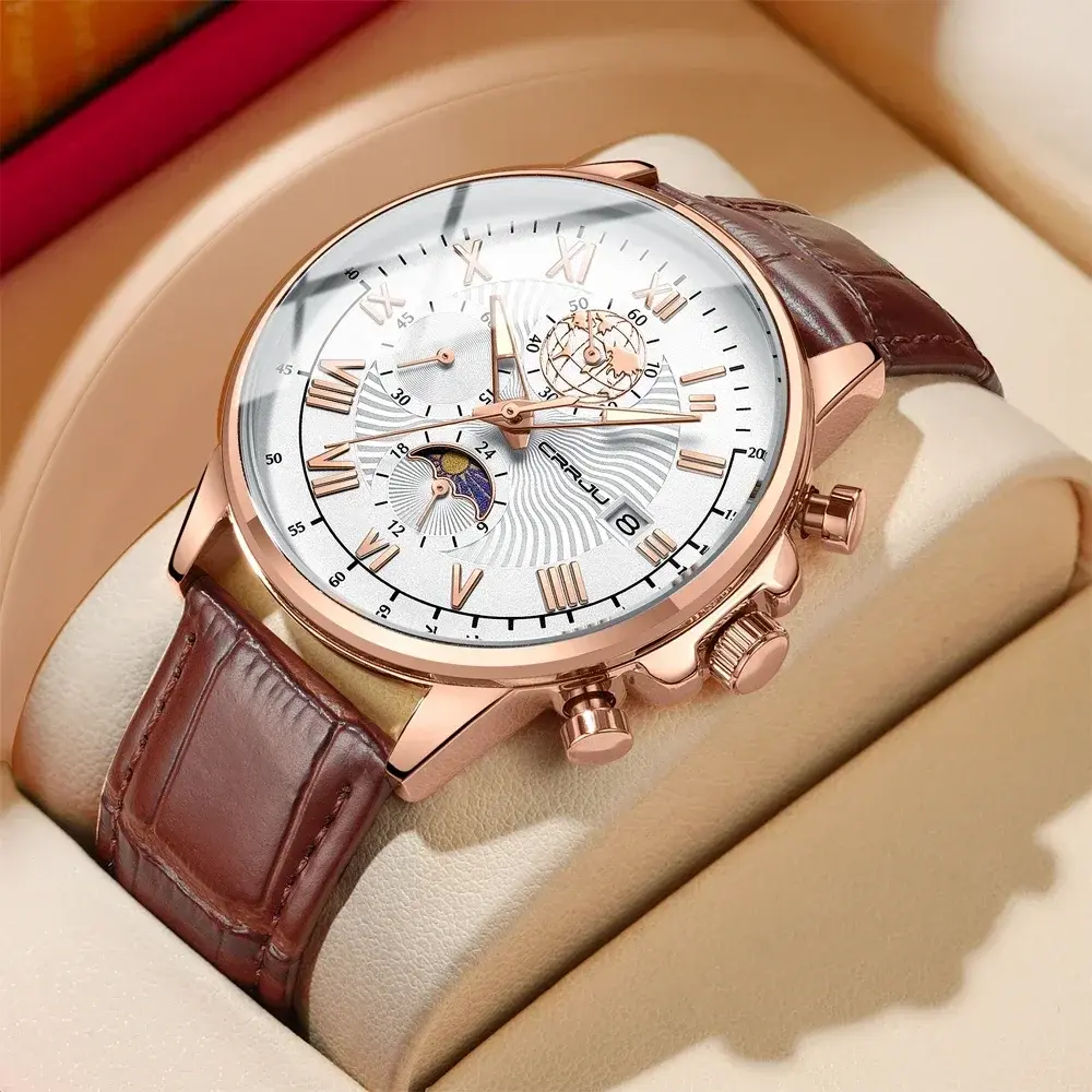 Business Men's Watches Rose Gold Big Dial Roman Numerals Casual Military Quartz Wristwatch for Man Leather Waterproof Male Clock