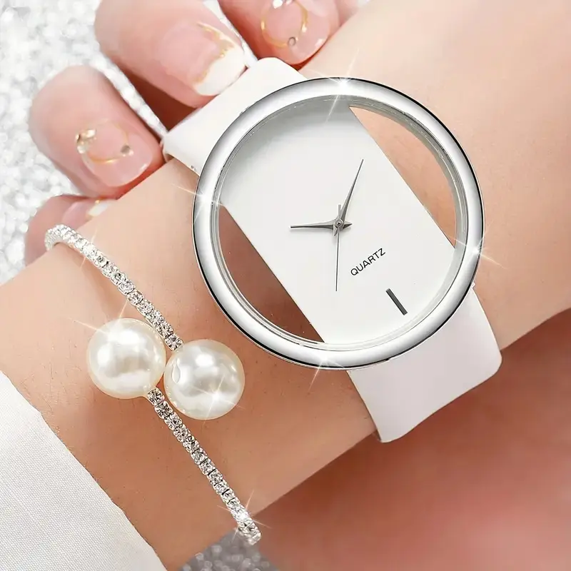 New 2pcs/set Women's Watch Casual Hollow Out Quartz Watch Analog PU Leather Wrist Watch & Butterfly Bracelet Set Gift