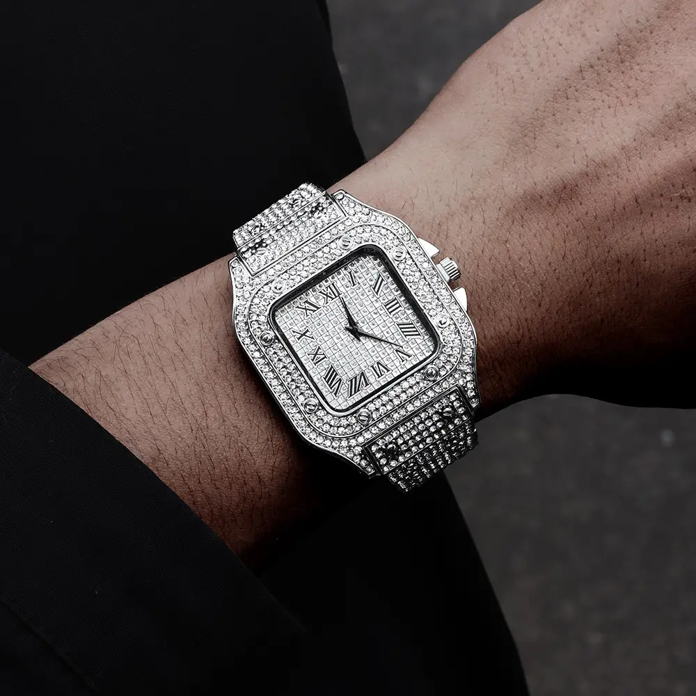 Fashion Gold Watch For Men Hip Hop Ice Diamond Quartz Watch Luxury Roman Literal Square Wristwatch Man Gift