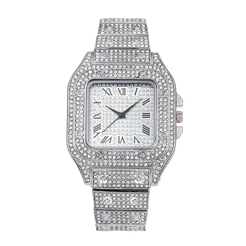 Fashion Gold Watch For Men Hip Hop Ice Diamond Quartz Watch Luxury Roman Literal Square Wristwatch Man Gift