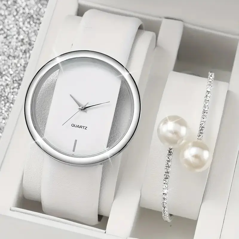 New 2pcs/set Women's Watch Casual Hollow Out Quartz Watch Analog PU Leather Wrist Watch & Butterfly Bracelet Set Gift