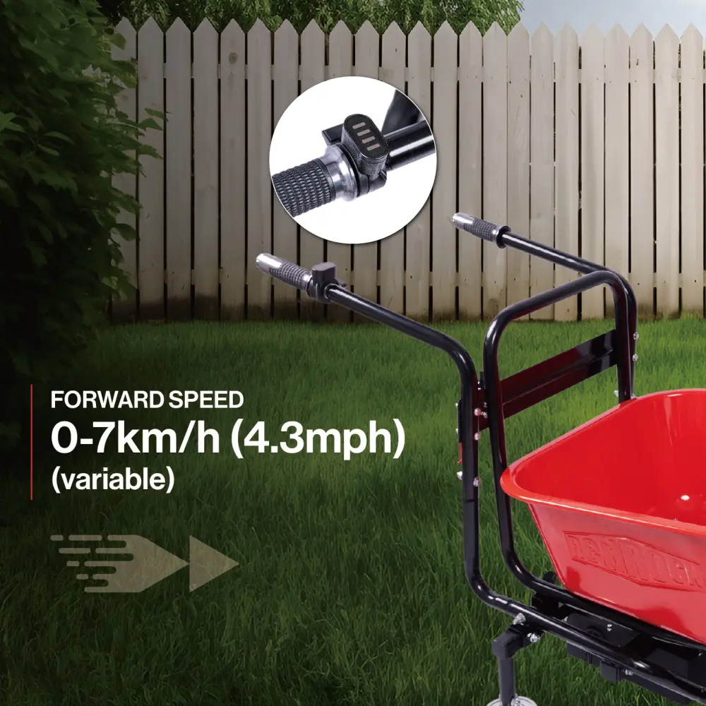 wheelbarrow electric Professional specs - uses an electric 24v 250w  Brushless motor system, powered by (2) 12v 12ah
