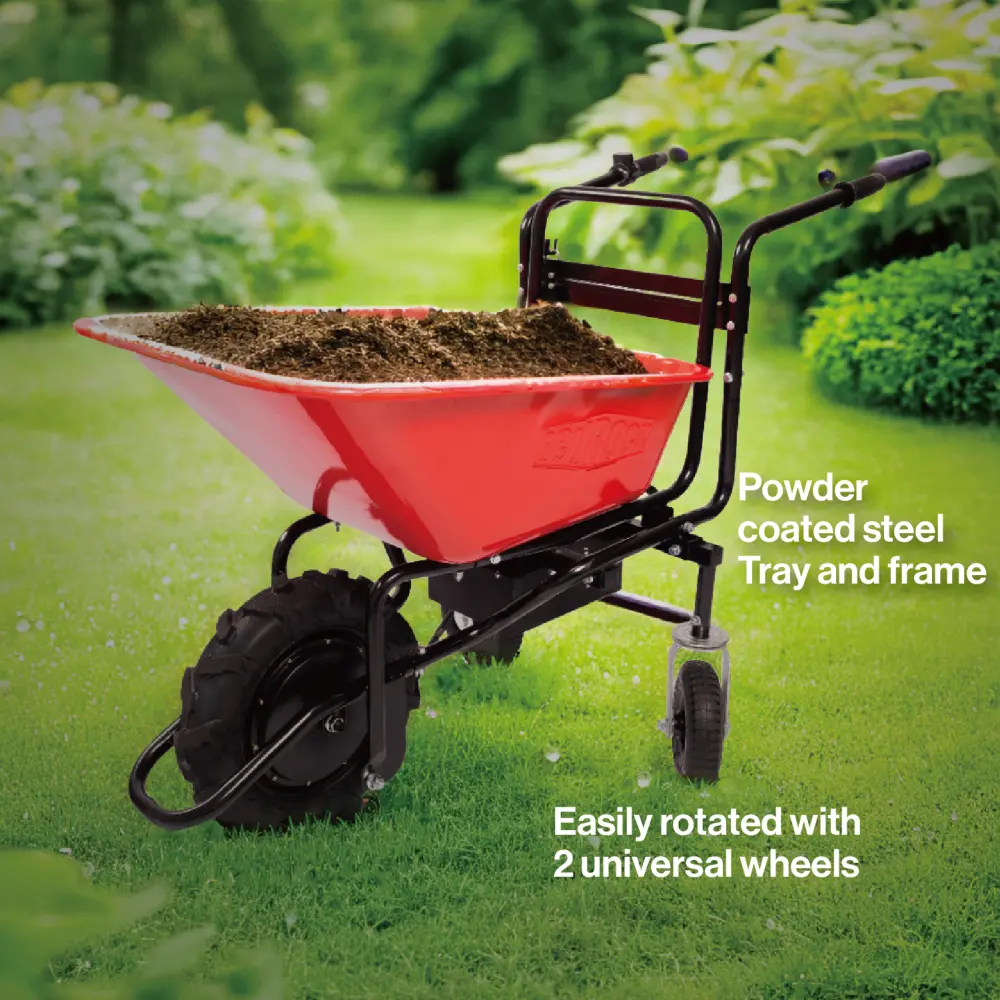 wheelbarrow electric Professional specs - uses an electric 24v 250w  Brushless motor system, powered by (2) 12v 12ah
