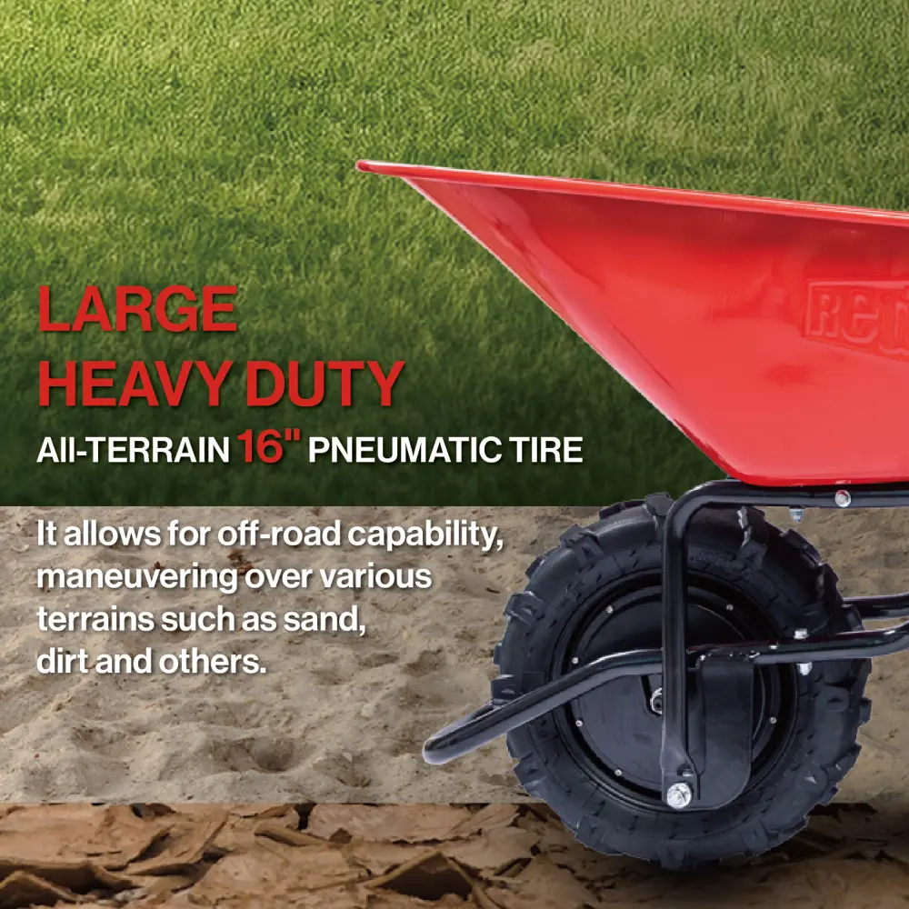 wheelbarrow electric Professional specs - uses an electric 24v 250w  Brushless motor system, powered by (2) 12v 12ah