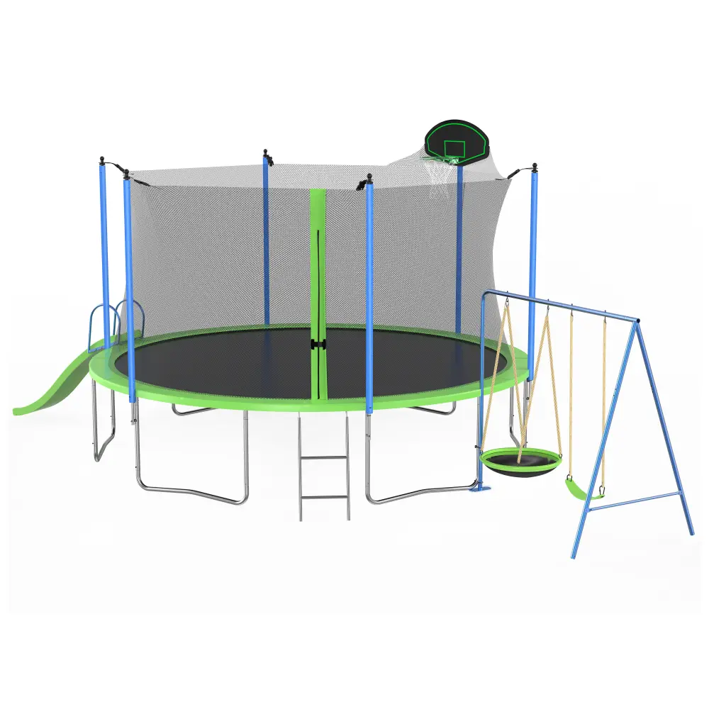12FT Trampoline with Slide and Swings, ASTM Approved Large Recreational Trampoline with Basketball Hoop and Ladder