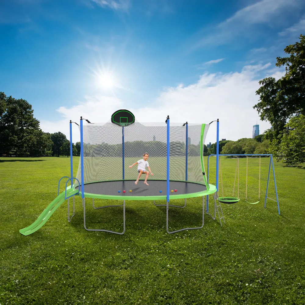 12FT Trampoline with Slide and Swings, ASTM Approved Large Recreational Trampoline with Basketball Hoop and Ladder