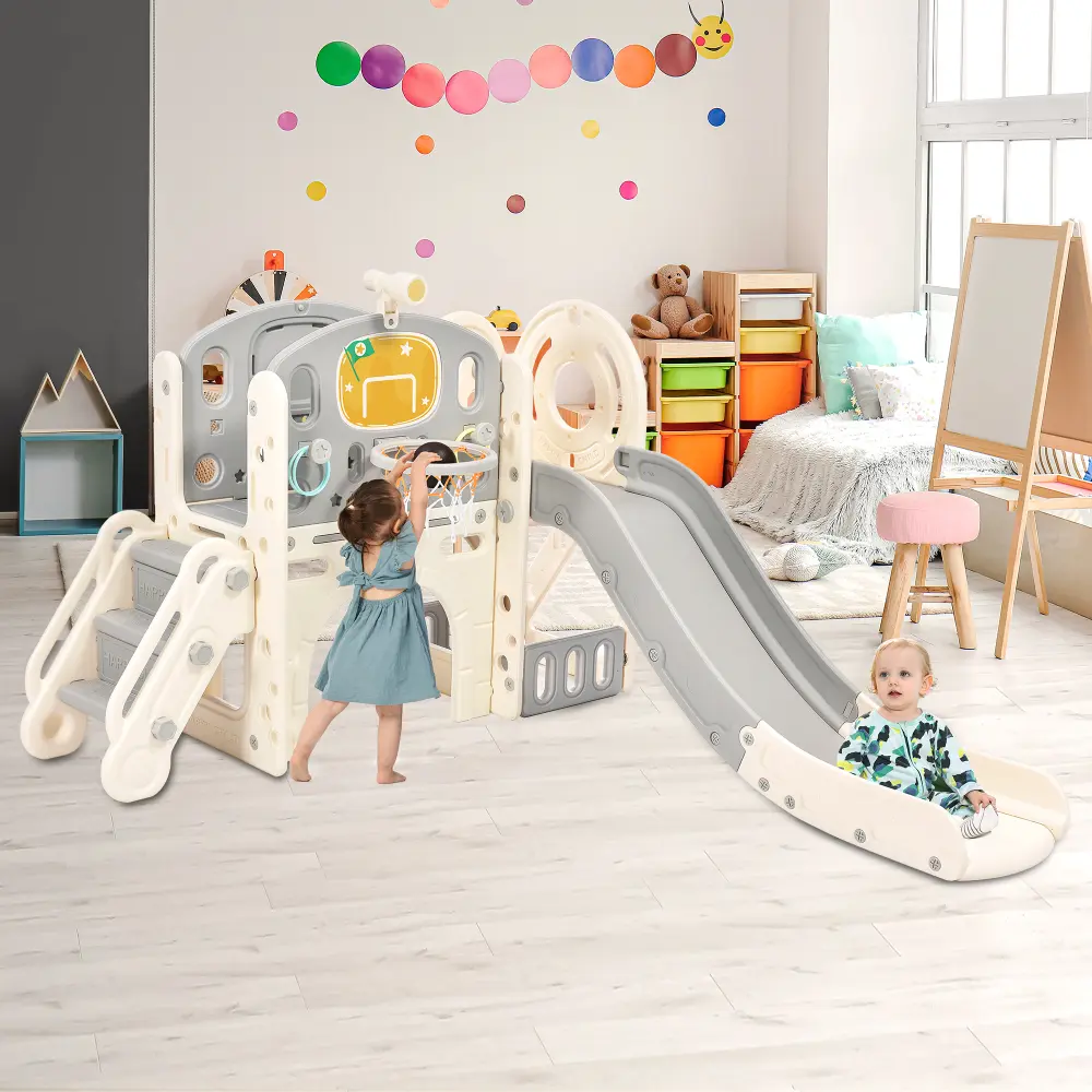 Toddler Slide Set for Toddlers Age 1+, with Basketball Hoop,telescope,golf holes, crawl-through tummeland and climber