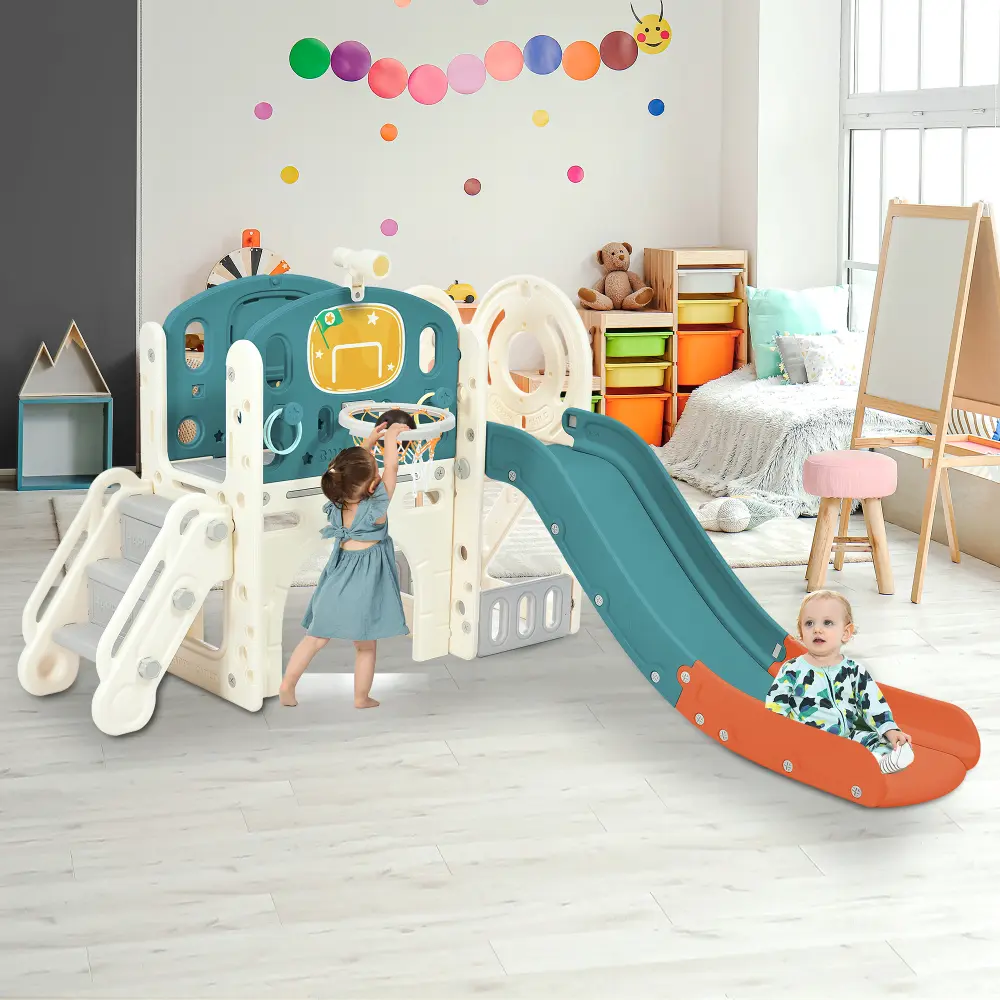 Toddler Slide Set for Toddlers Age 1+, with Basketball Hoop,telescope,golf holes, crawl-through tummeland and climber