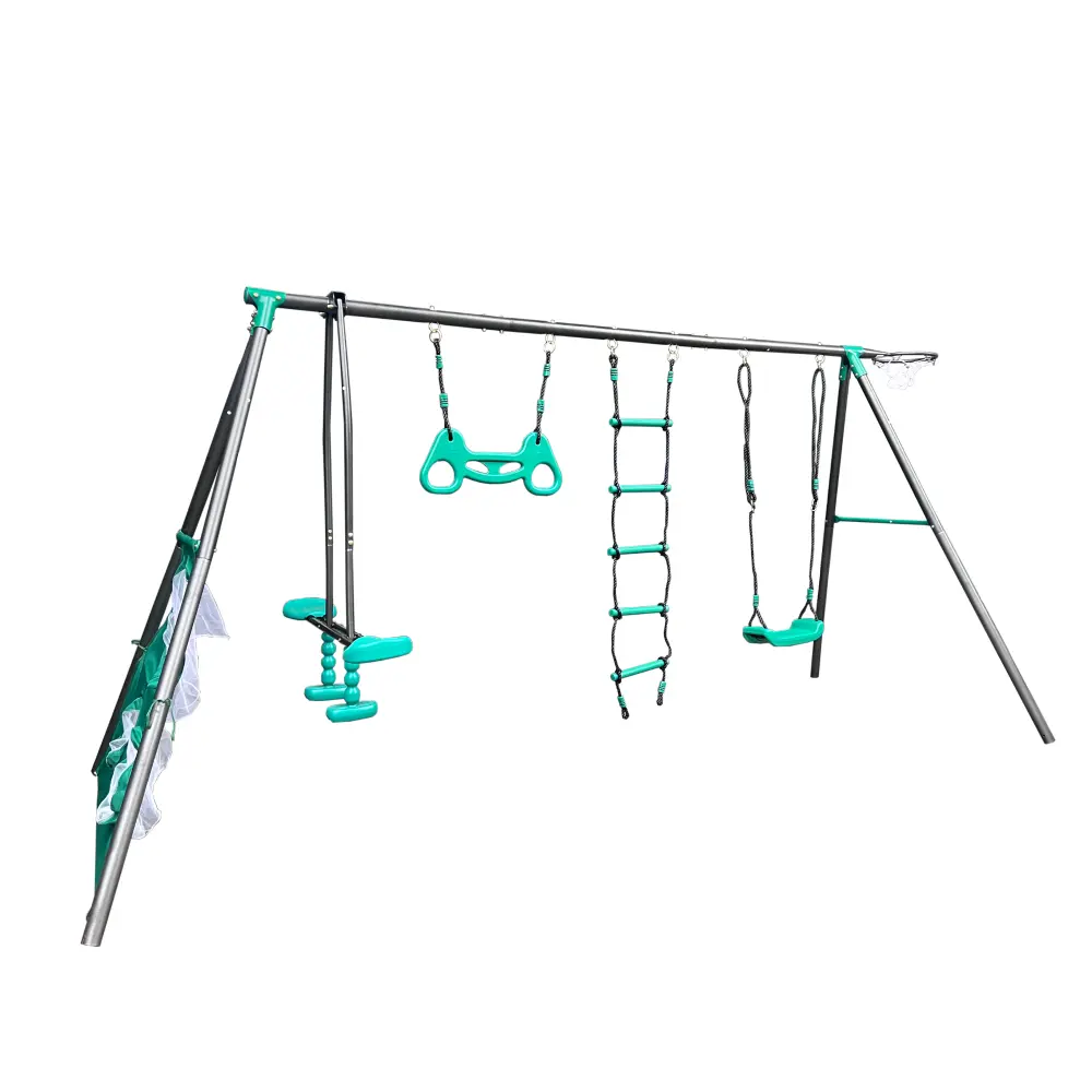 Blackish green interesting four function swingset with face to face metal plastic safe swing seat 550lbs for outdoor for age 3+