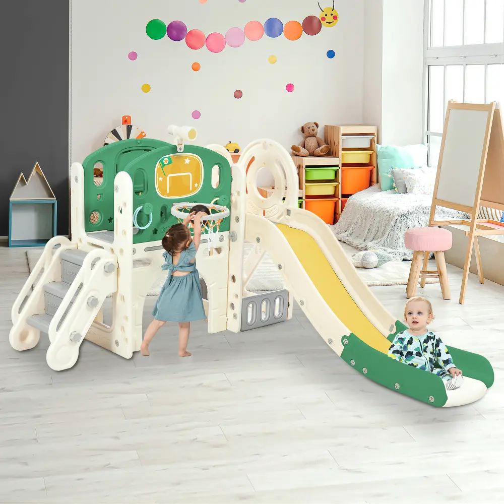 Toddler Slide Set for Toddlers Age 1+, with Basketball Hoop,telescope,golf holes, crawl-through tummeland and climber