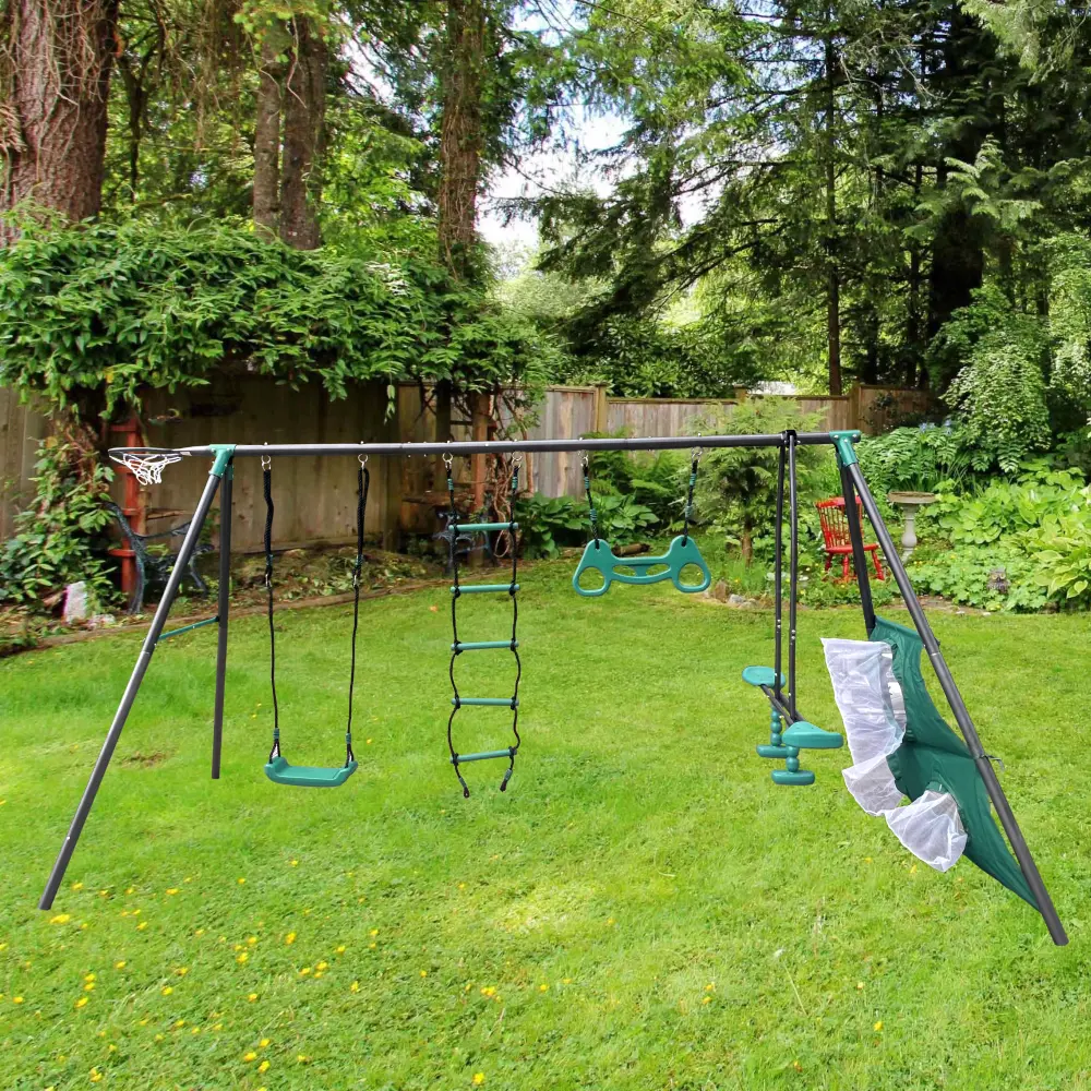 Blackish green interesting four function swingset with face to face metal plastic safe swing seat 550lbs for outdoor for age 3+