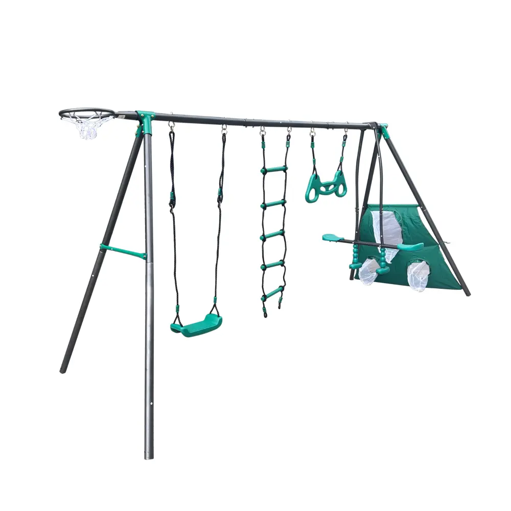 Blackish green interesting four function swingset with face to face metal plastic safe swing seat 550lbs for outdoor for age 3+