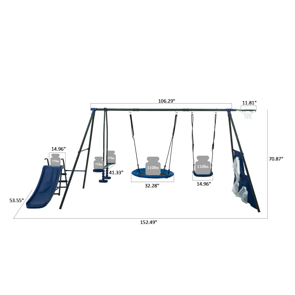 Grey and Blue Fun Six-function Swing for Outdoor Playgrounds Ages 3+ Outdoor Swing  Playground Outdoor