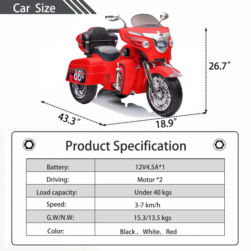 12V Two-seater Kids Motorcycle with Key Start/3-wheel Headlight/storage Box/dual Motor/two Seats Kids Cars Electric in Ride On