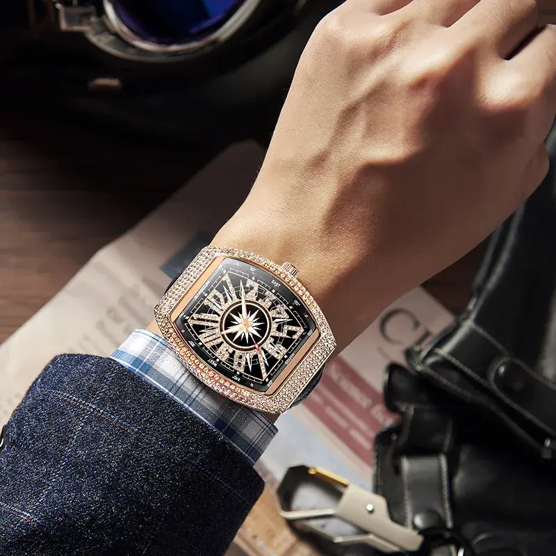 Luxury Rose Gold Men's Watches Rhinestone Top Brand Waterproof 3bar Genuine Leather Strap Quartz Watches for Men Casual Gift