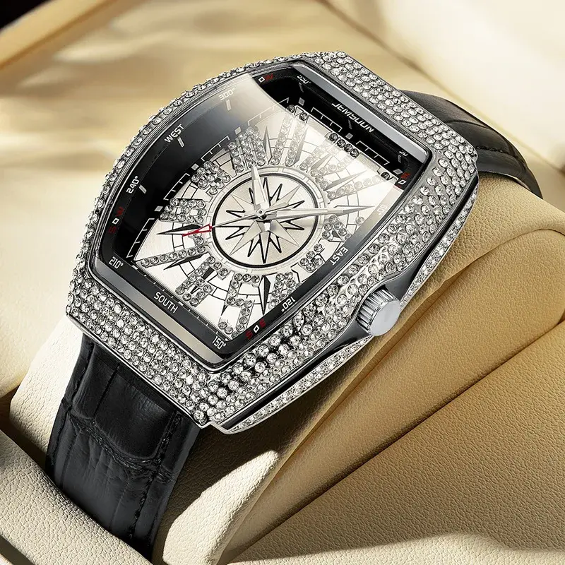 Luxury Rose Gold Men's Watches Rhinestone Top Brand Waterproof 3bar Genuine Leather Strap Quartz Watches for Men Casual Gift