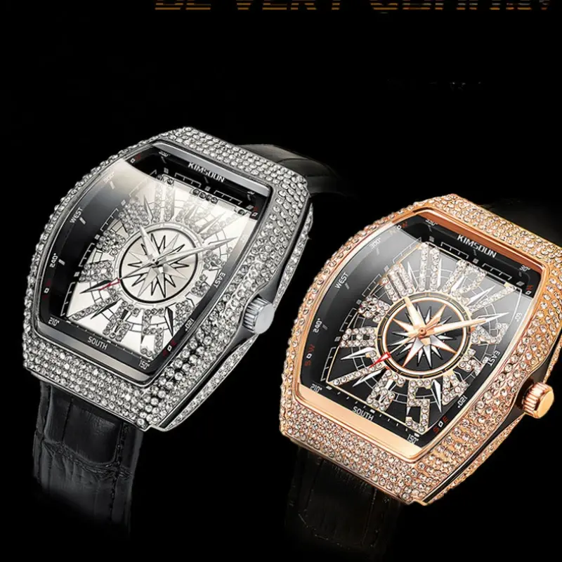 Luxury Rose Gold Men's Watches Rhinestone Top Brand Waterproof 3bar Genuine Leather Strap Quartz Watches for Men Casual Gift