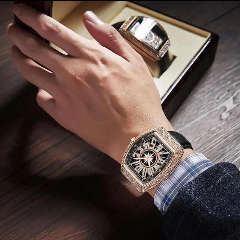 Luxury Rose Gold Men's Watches Rhinestone Top Brand Waterproof 3bar Genuine Leather Strap Quartz Watches for Men Casual Gift