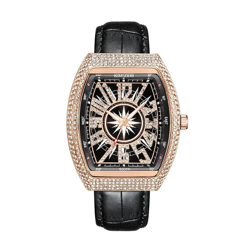 Luxury Rose Gold Men's Watches Rhinestone Top Brand Waterproof 3bar Genuine Leather Strap Quartz Watches for Men Casual Gift