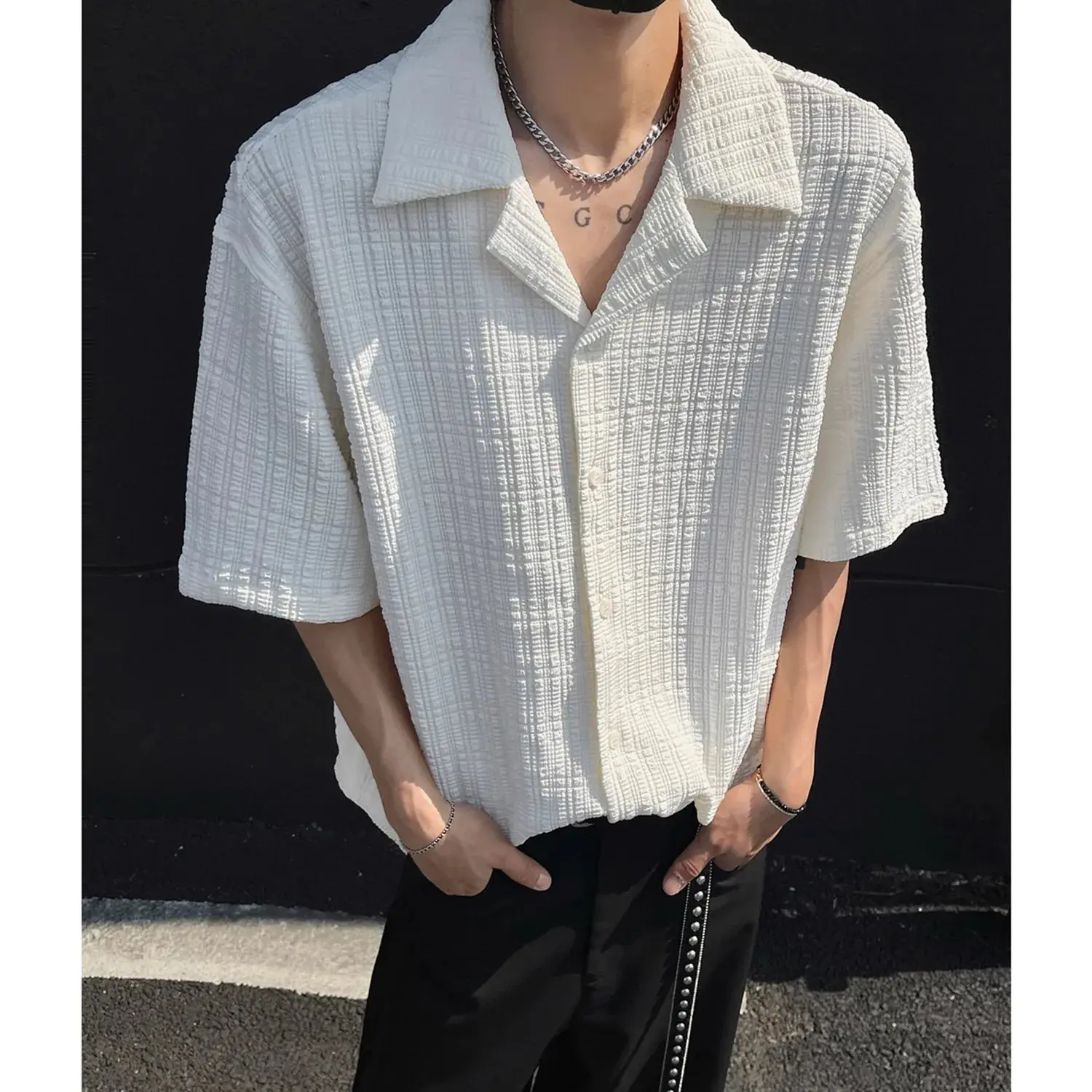Casual Men's Shirts Cuban Collar Summer White Color Cleanfit Shirts for Men Streetwear Hip Hop Korean Style Men's Clothing