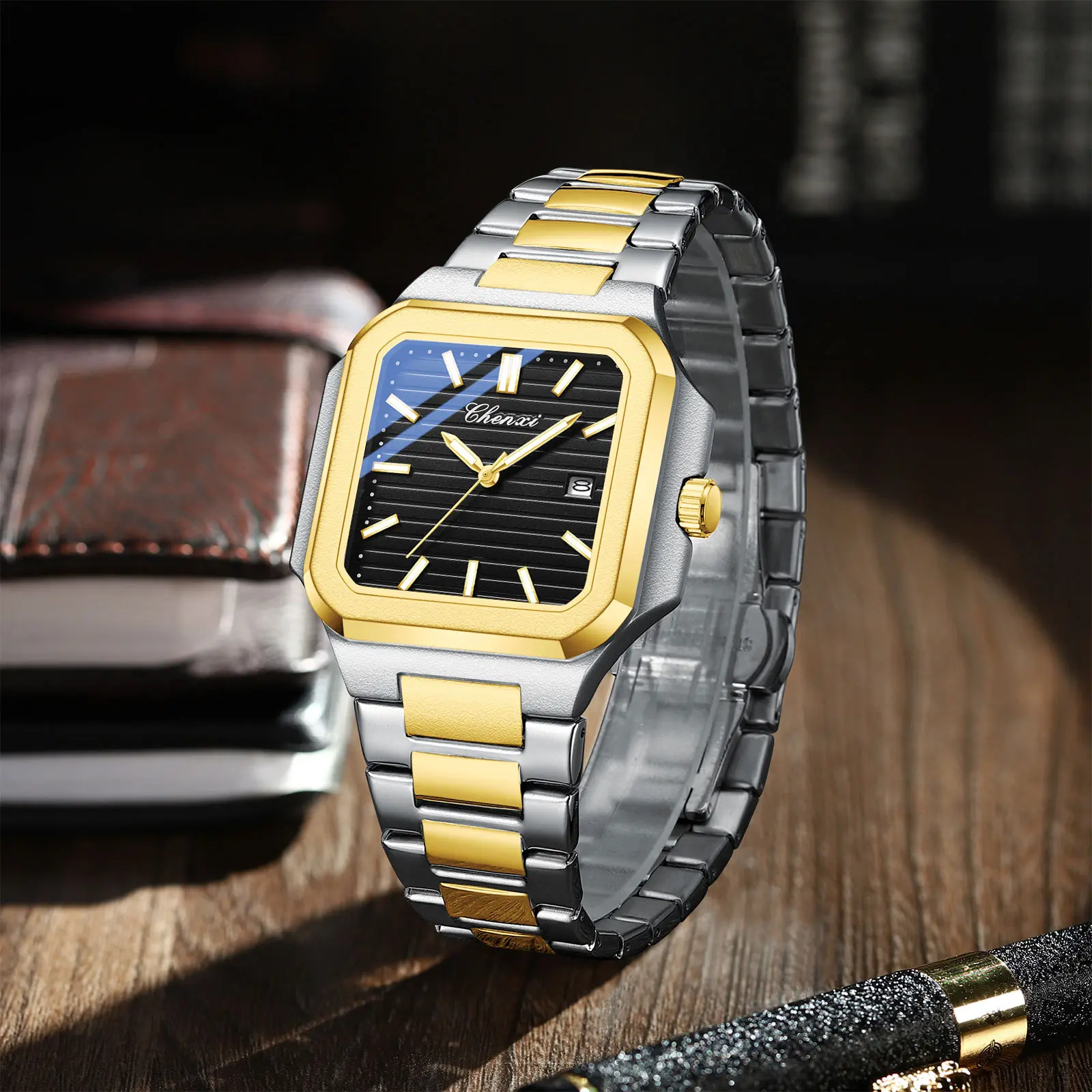 Luxury Top Brand Men's Watches Gold Stainless Steel Big Square Dial Business Casual Quartz Wristwatches for Men Wedding Gift 520