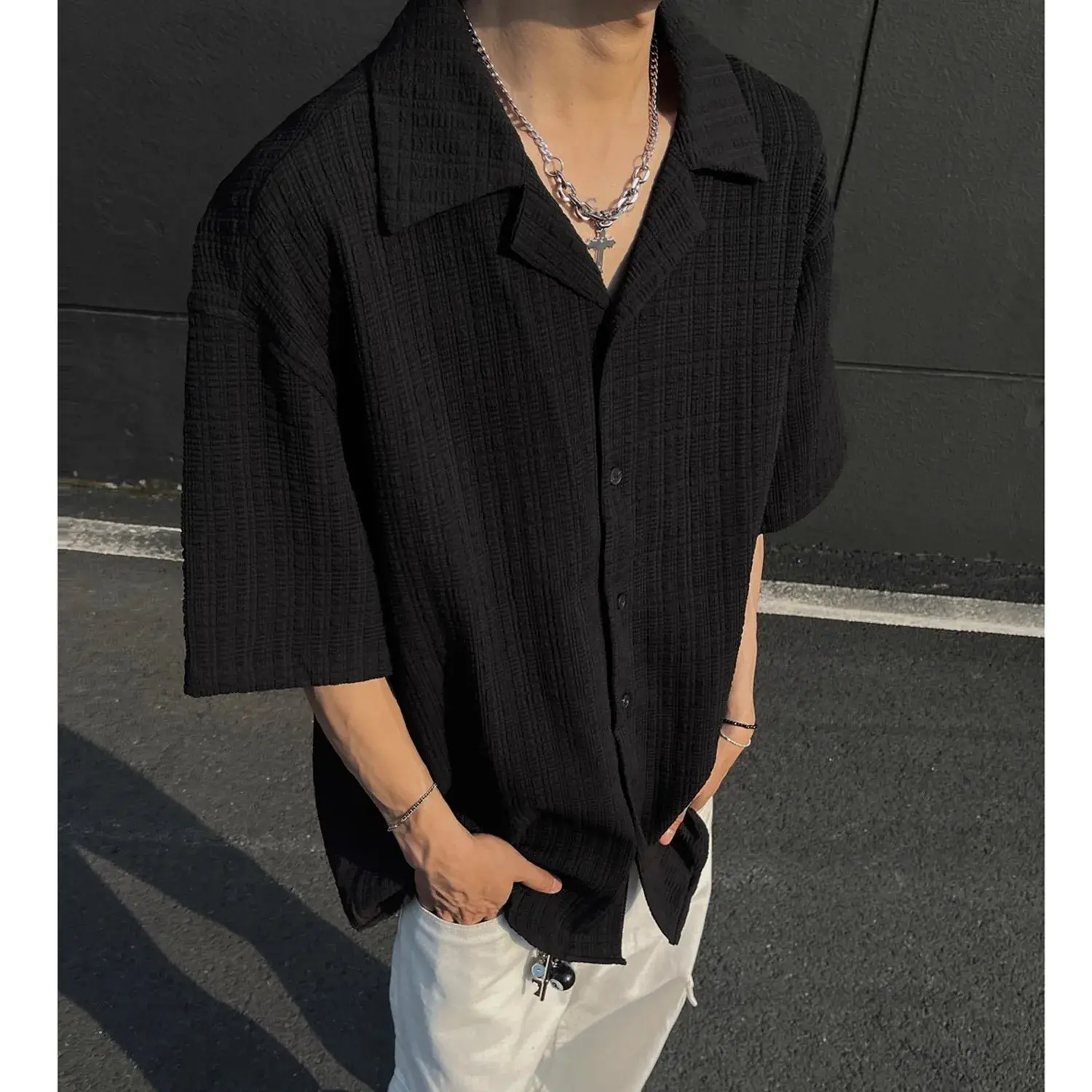 Casual Men's Shirts Cuban Collar Summer White Color Cleanfit Shirts for Men Streetwear Hip Hop Korean Style Men's Clothing