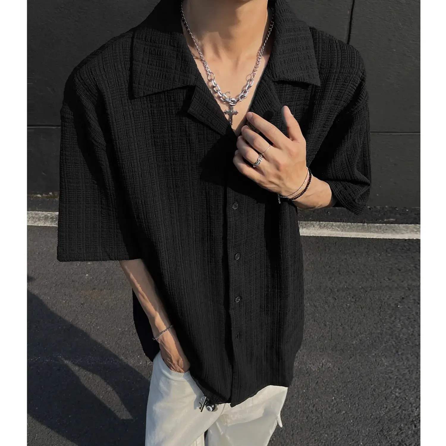 Casual Men's Shirts Cuban Collar Summer White Color Cleanfit Shirts for Men Streetwear Hip Hop Korean Style Men's Clothing