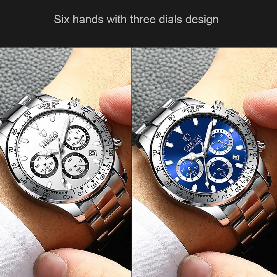 CHENXI Brand Men Sport Watch Chronograph Black Silver Stainless Steel Water Resistance Men's Wristwatch Mulit Function Calendar